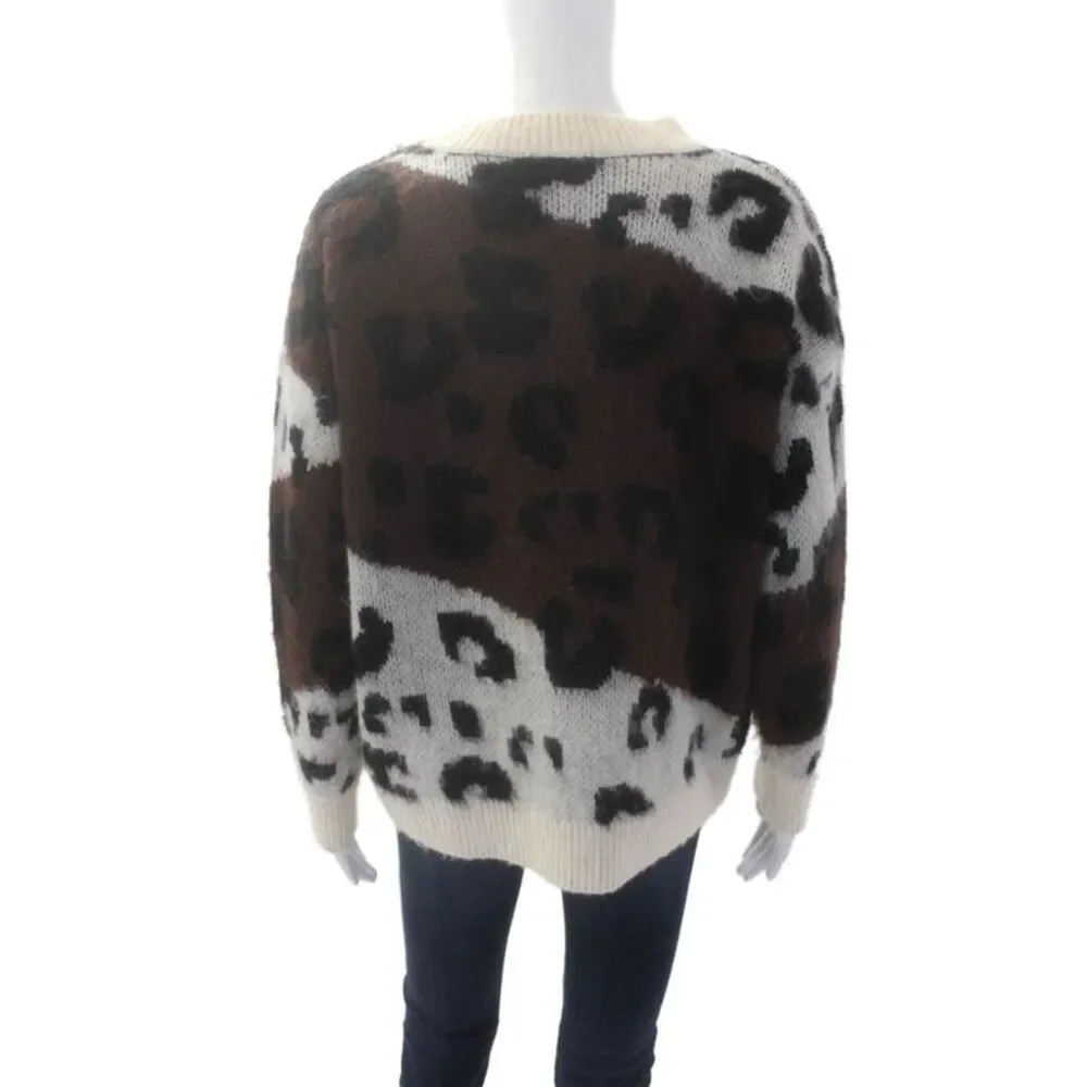 Elan Womens Cotton Round Neck Long Sleeve Animal Printed Sweater White Size XS